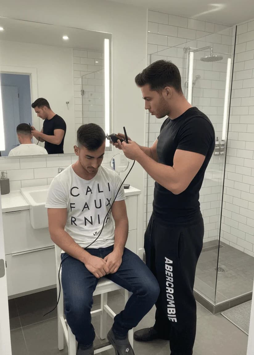 Young Gergő Koródy cutting hair in a bathroom