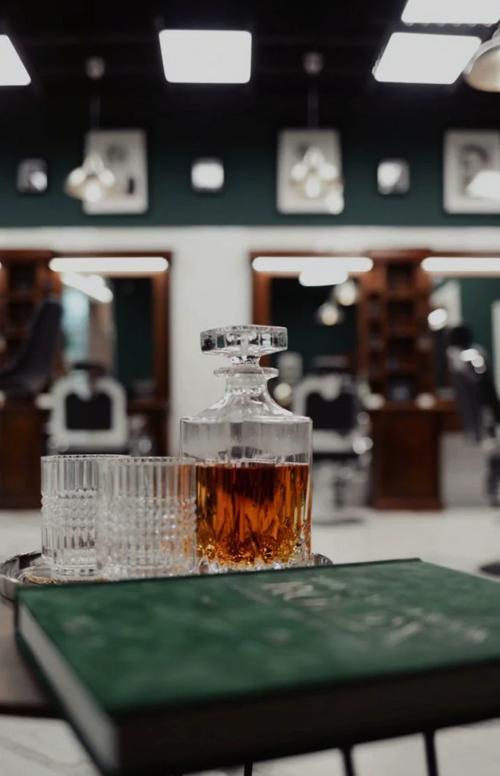 Whisky decanter on the barber's table